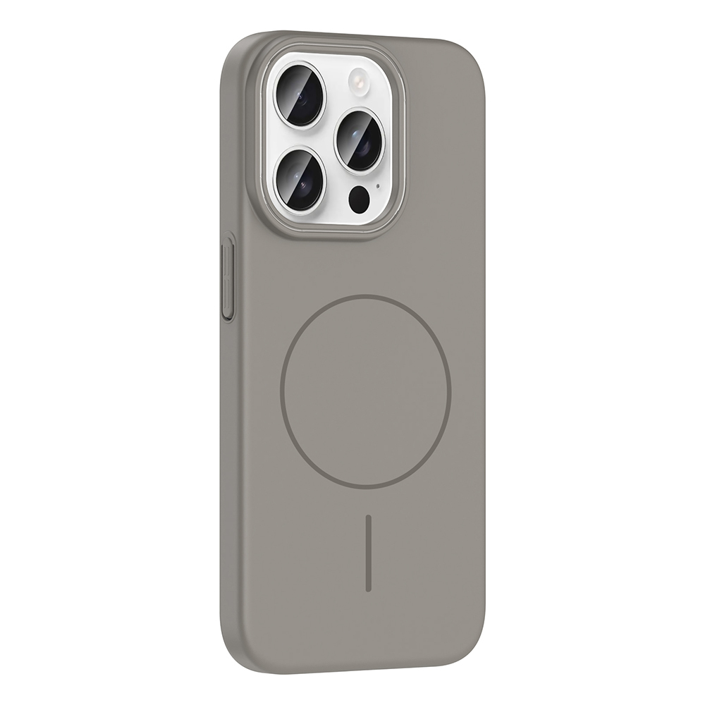 Kamera kesimi ve manyetik daire tasarımına sahip gri bir telefon kılıfı. Kılıf bir akıllı telefon içindir.