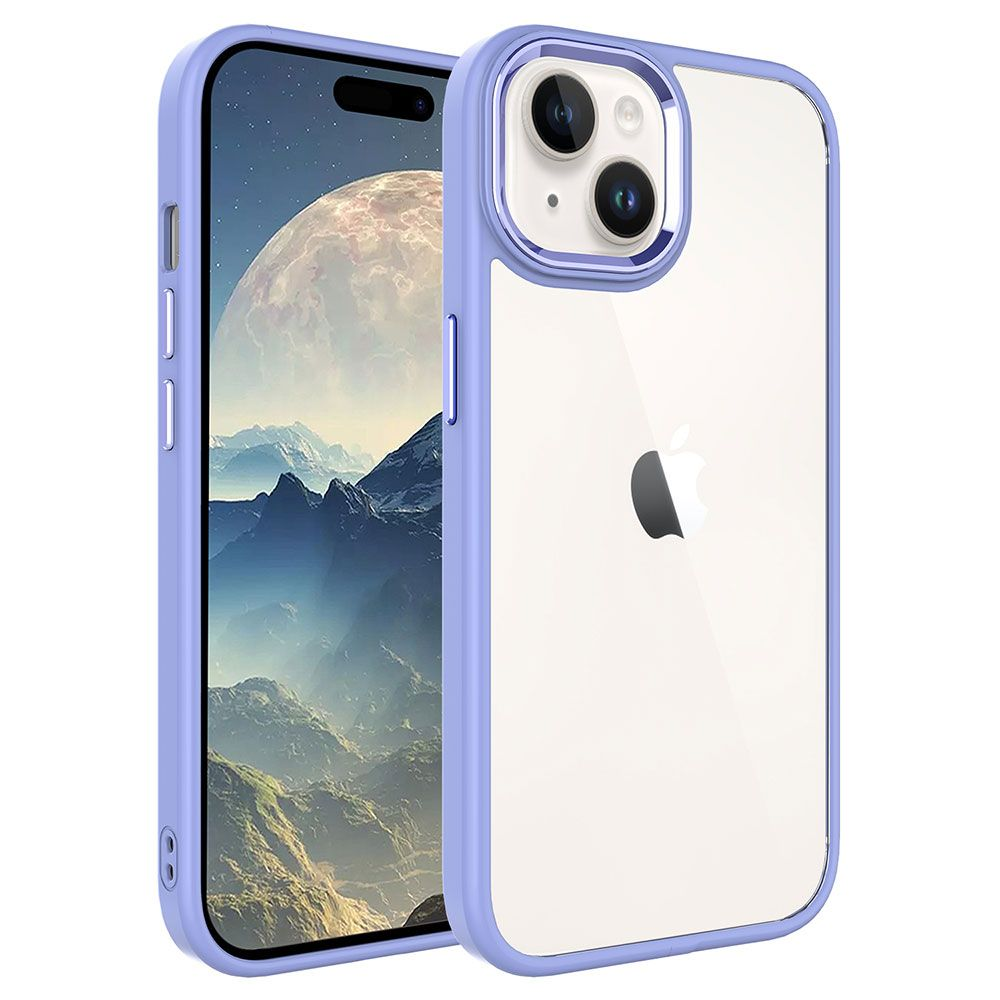 Şeffaf kılıflı iki iPhone. Bir telefon, bir gezegenle bir manzara görüntülüyor. Kılıfların mavi çerçevesi var.