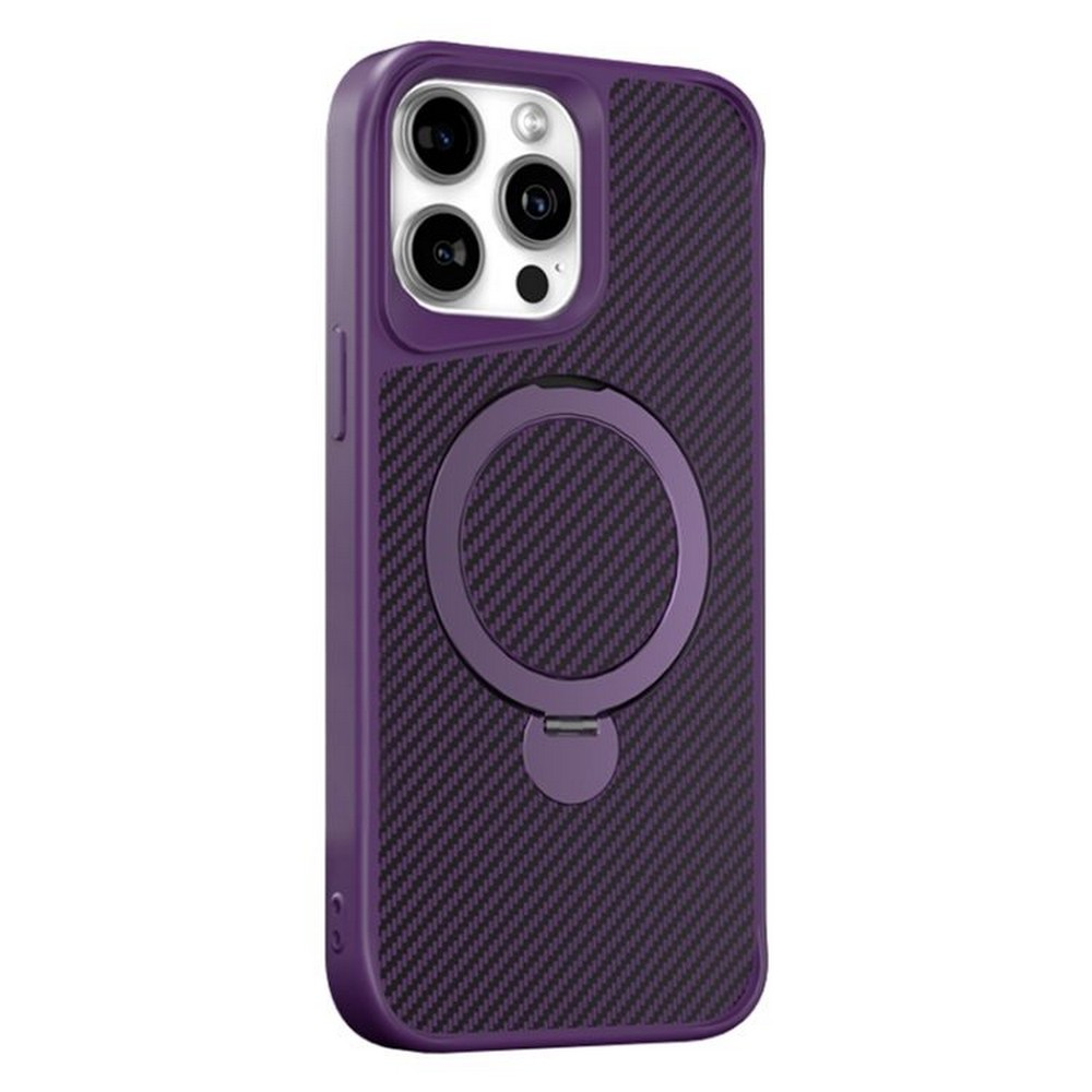 Karbon fiber dokulu mor bir telefon kılıfı. Kılıfın halka tutucusu ve kamera çıkıntısı var. Mor bir çerçevesi var.
