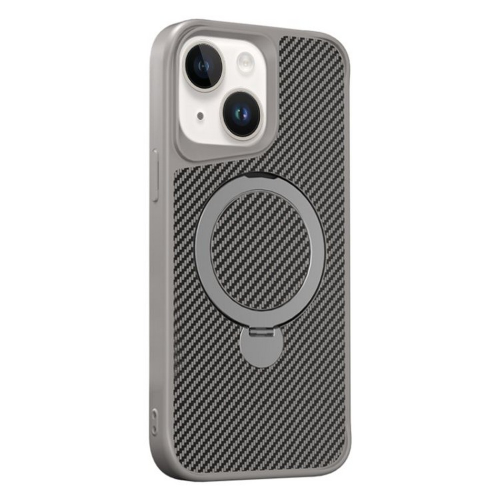 GPACK iPhone 14 Uyumlu Karbon Fiber Alp M-Safe Şarj Özellikli Standlı Telefon Kılıfı Gri