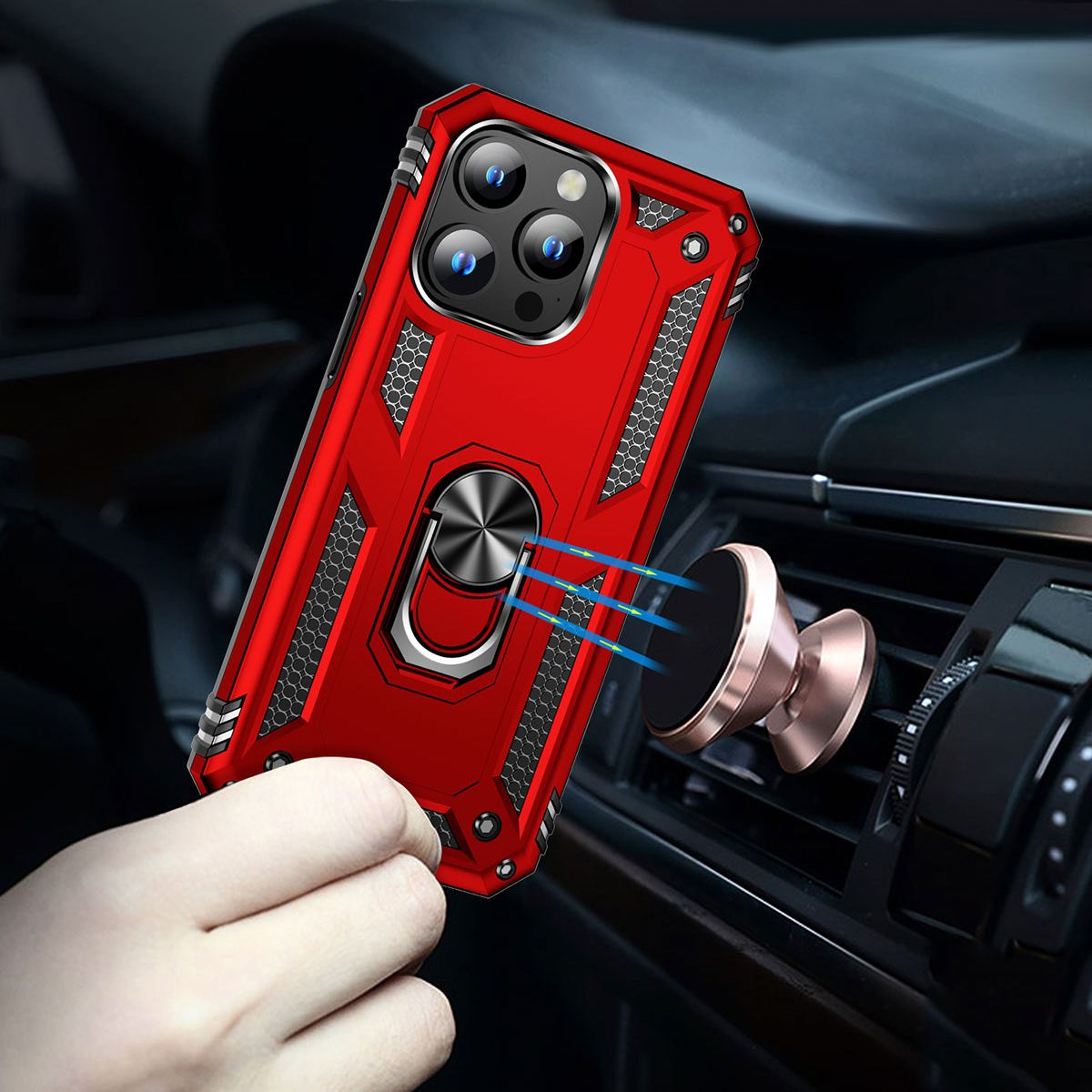 Halkalı tutucuya sahip kırmızı bir telefon kılıfı, bir arabanın havalandırma deliğinin yakınında tutuluyor. Manyetik bir telefon tutucu takılı.