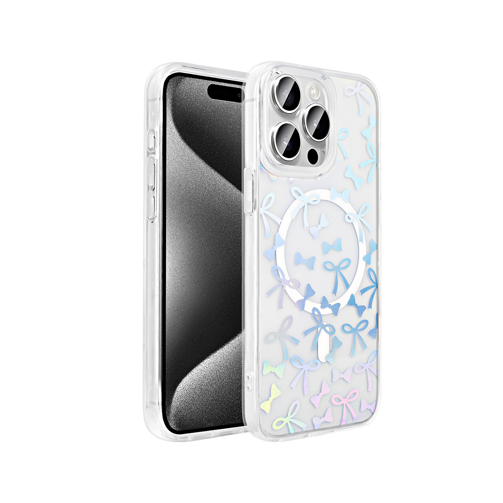Yay desenli şeffaf telefon kılıfı. İçindeki telefon siyahtır. Kılıfın arkasında bir yay çemberi vardır. Telefon açıktır.