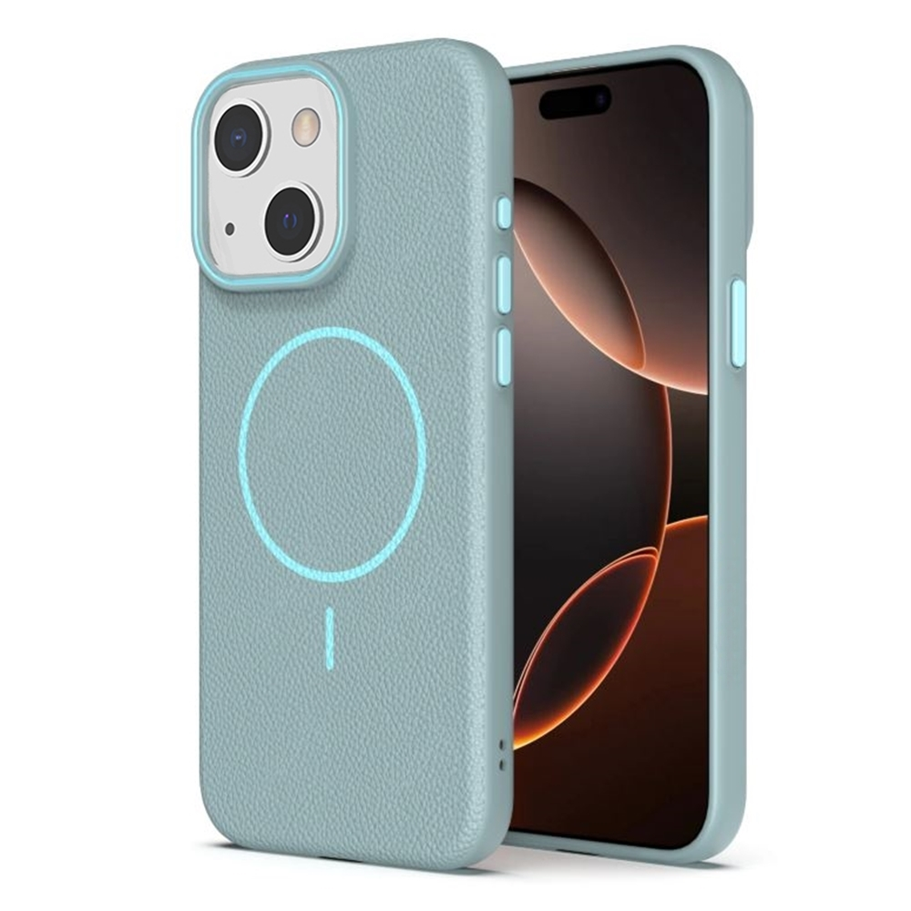 Açık mavi bir telefon kılıfı ve bir telefon sergileniyor, kılıfın üzerinde bir daire ve bir çizgi var ve telefonun ekranı görünüyor.