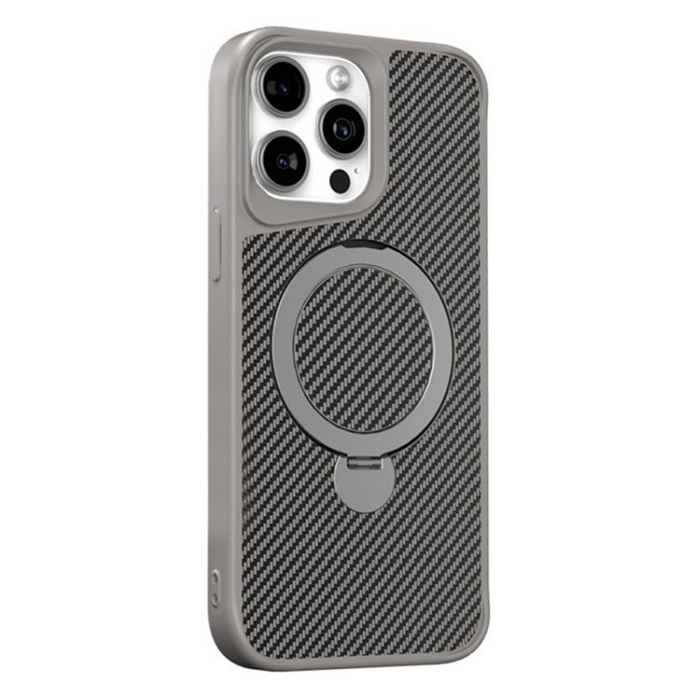 GPACK iPhone 14 Pro Max Uyumlu Karbon Fiber Alp M-Safe Şarj Özellikli Standlı Telefon Kılıfı Gri