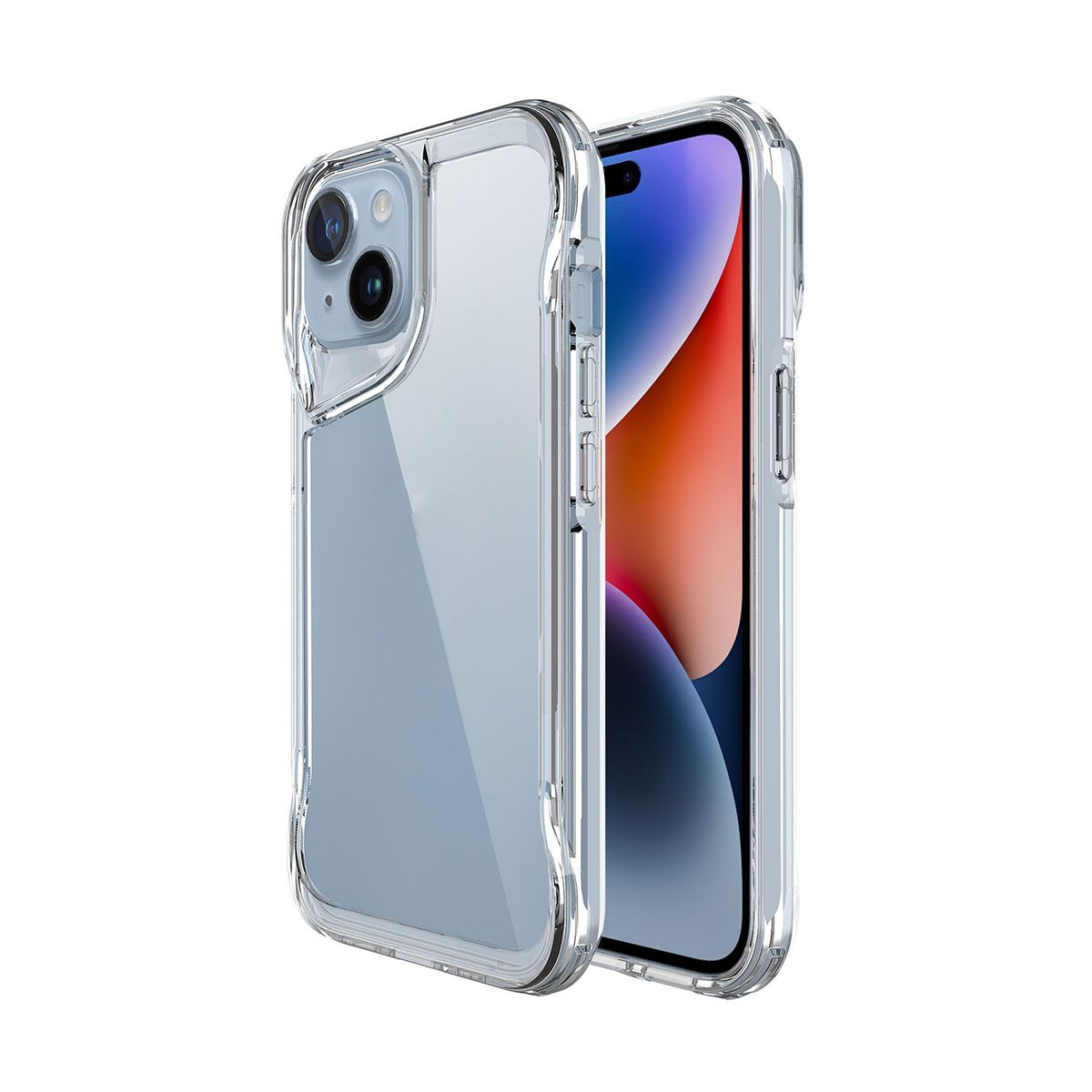 İçinde bir telefon bulunan iki şeffaf telefon kılıfı. Telefonun renkli bir ekranı var. Kılıflar koruyucu ve telefonun tasarımını gösteriyor.