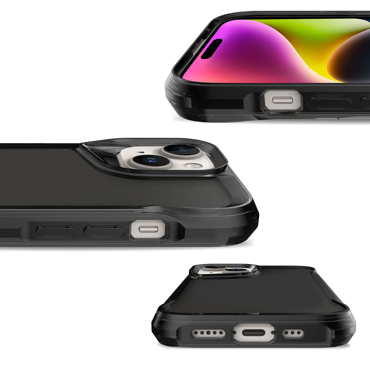 Siyah bir telefon kılıfının yakın çekimleri. Düğmeleri ve kamera yuvası var. Ekran renkli bir duvar kağıdı gösteriyor.