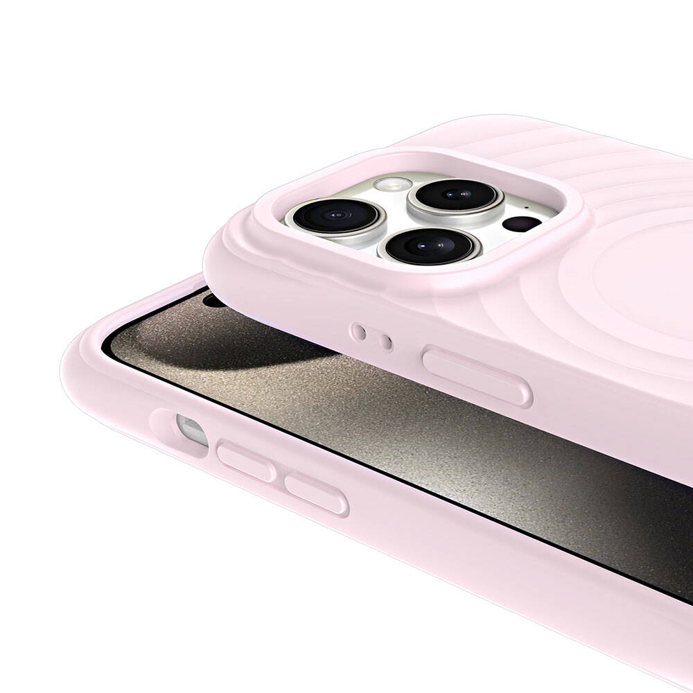 Üç kamera lensli pembe bir telefon kılıfı. Telefonun ekranı görülebilir. Kılıfın üzerinde düğmeler var.