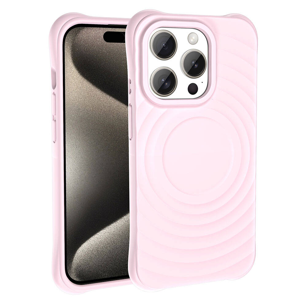 Pembe bir telefon kılıfı ve bir telefon gösteriliyor. Kılıfın dalgalı bir deseni ve kamera için bir kesimi var. Ekran görülebilir.