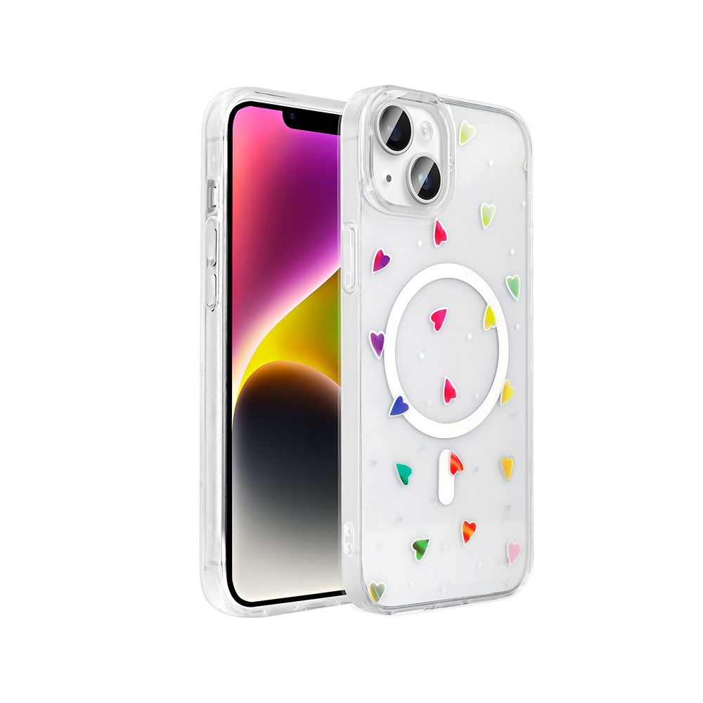 Renkli kalplerle süslenmiş şeffaf bir kılıfı olan bir iPhone. Ekran, mor ve sarı renk geçişi gösteriyor.