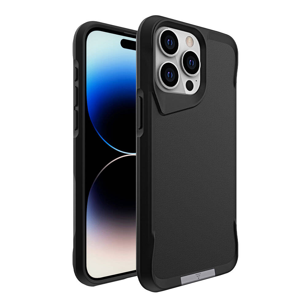 Siyah koruyucu kılıf içinde bir iPhone. Telefon çoğunlukla siyahtır ve ekranda mavi ve beyaz bir gradyan gösterir.
