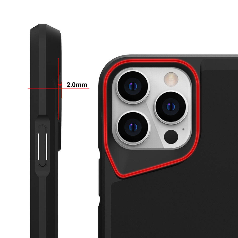 Siyah bir telefon kılıfının yakın çekimi. Kamera lenslerinin etrafında kırmızı bir kontur. Kılıfın yan tarafında 2,0 mm'lik bir ölçüm gösteriliyor.