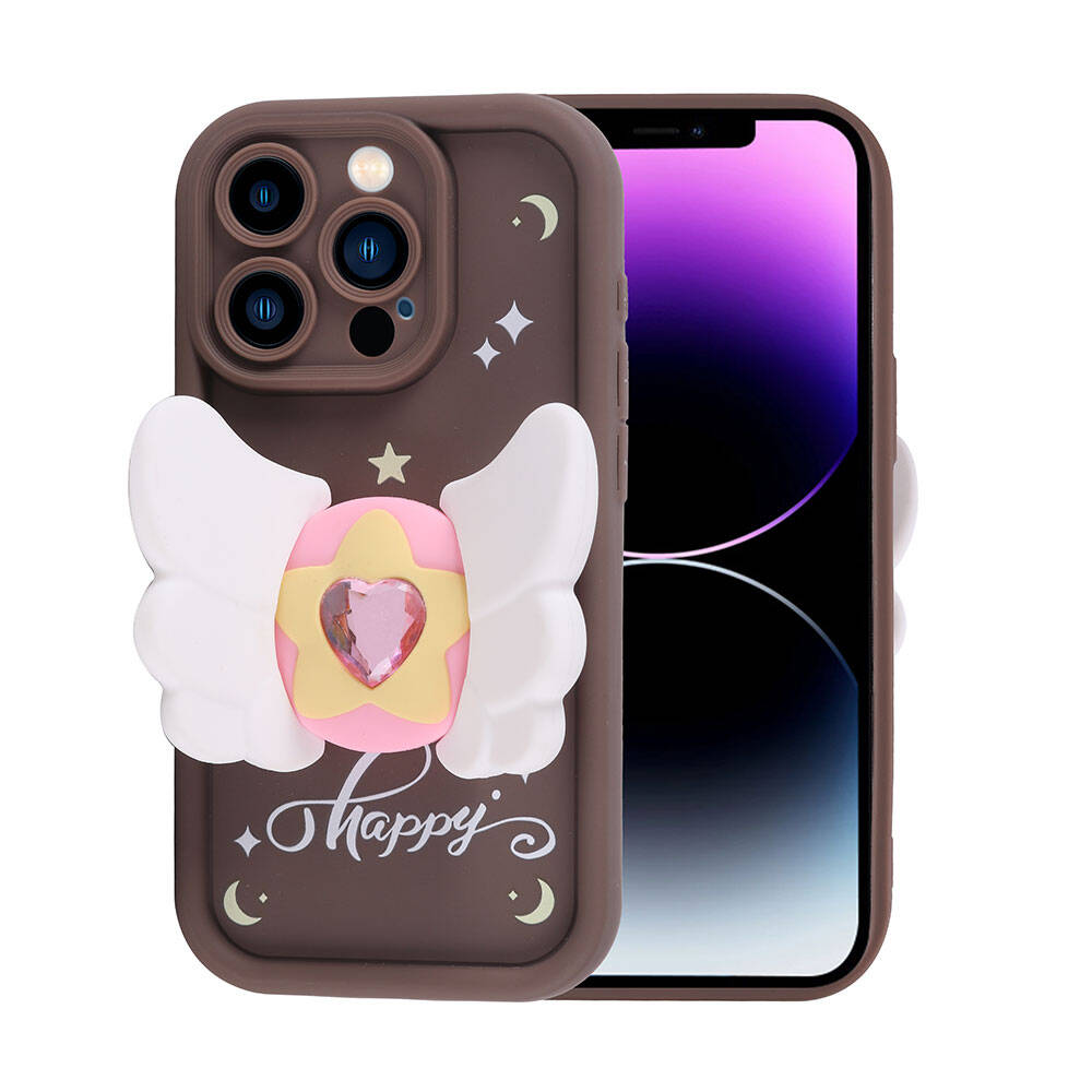 Beyaz kanatları, pembe kalp mücevheri ve 'Happy' yazısı olan kahverengi bir telefon kılıfı. Bir telefon kısmen görülebilir.