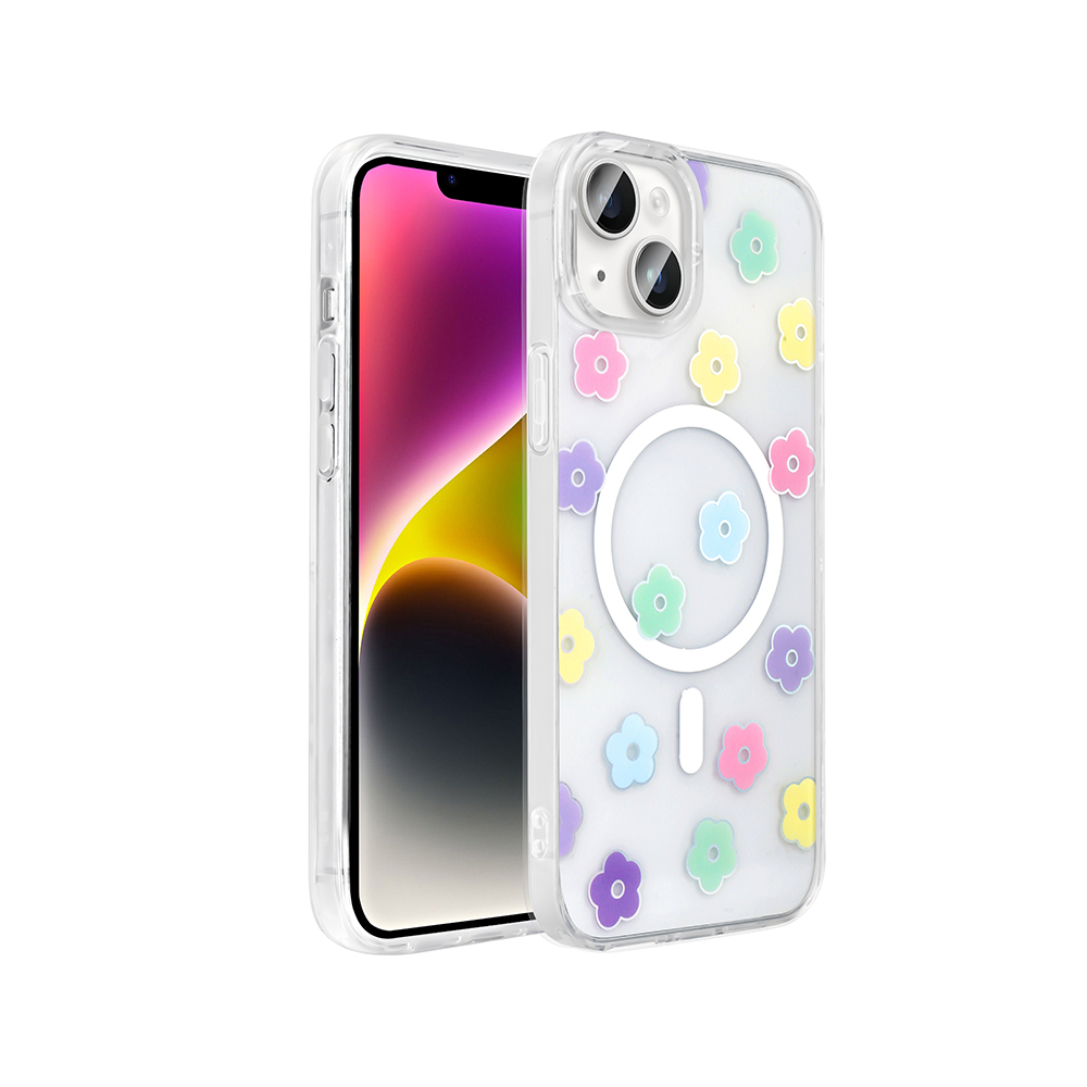 Çiçek desenli kılıfı olan bir iPhone. Kılıf, renkli çiçek şekilleriyle şeffaftır. Ekran renk geçişlerini gösterir.