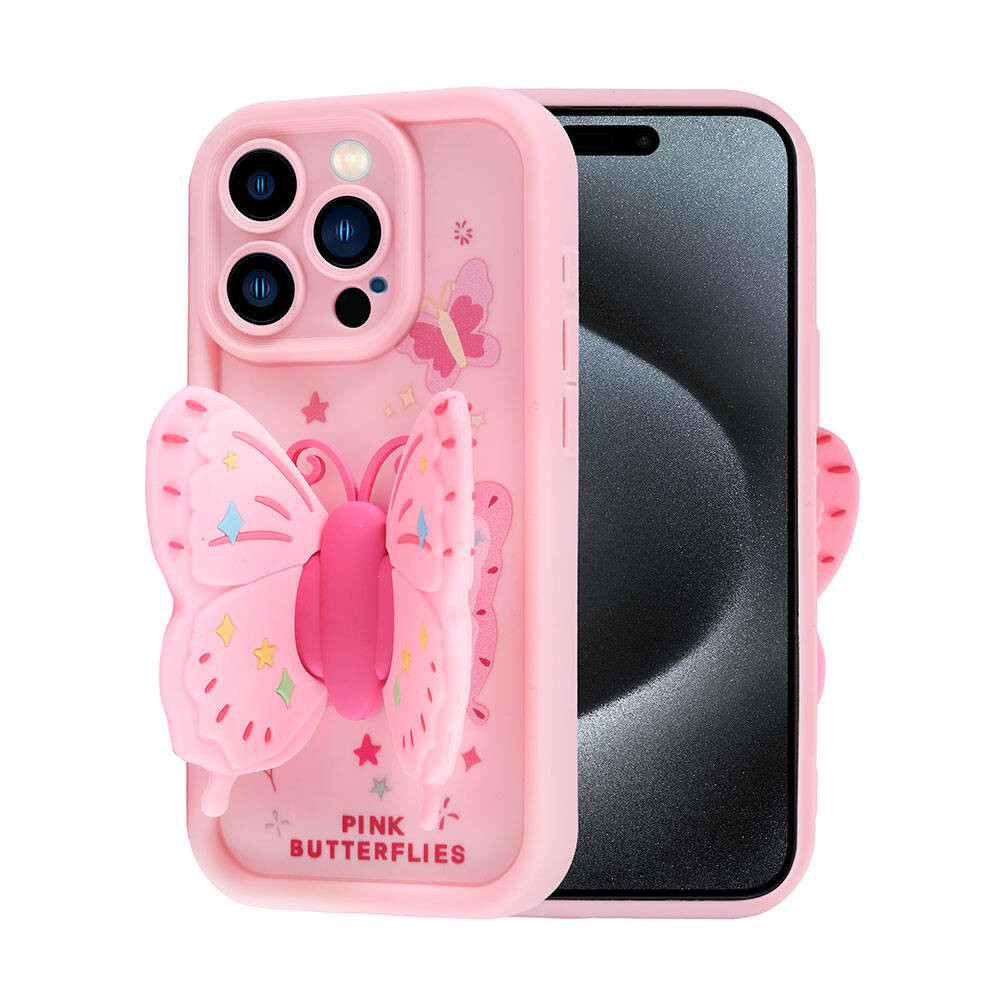 Kelebek tasarımlı pembe bir telefon kılıfı. Kılıf siyah bir telefonda. Metin 'Pink Butterflies' yazıyor.