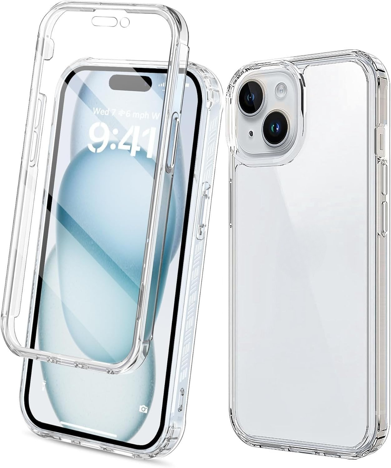 Ekran koruyuculu şeffaf telefon kılıfı. Telefon zamanı ve mavi bir arka planı gösteriyor. Yanında başka bir şeffaf telefon kılıfı.