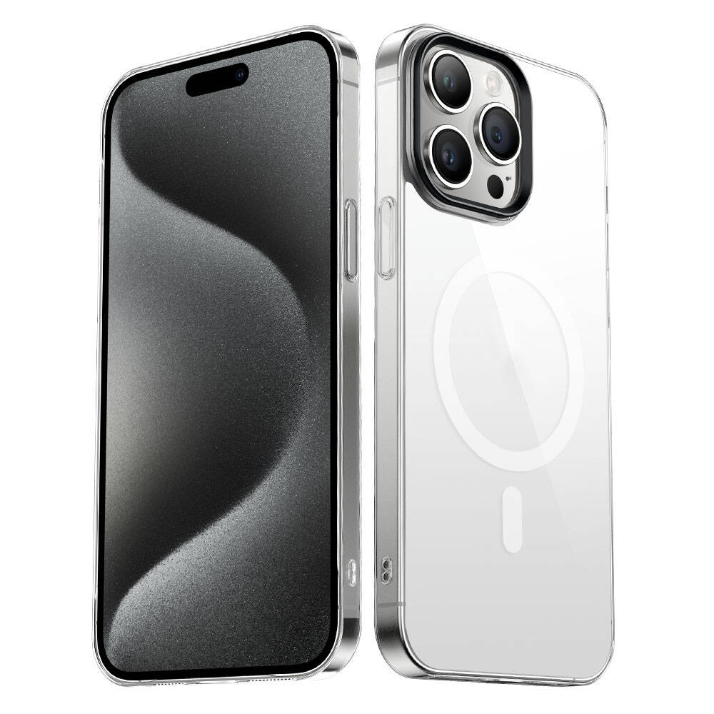 İki iPhone 14 Pro akıllı telefon. Biri ekranı açık, diğeri şeffaf kılıfta, her ikisi de gümüş çerçeveli.