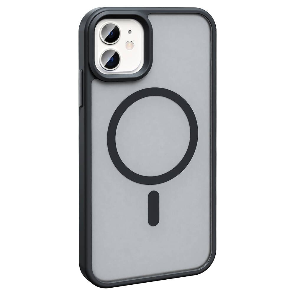 Bir telefon kılıfı. Siyah çerçeve, gri arka. Çember ve çizgi tasarımı. Kamera kesikleri. Siyah çerçeve ve vurgular. Telefon içinde gibi görünüyor.