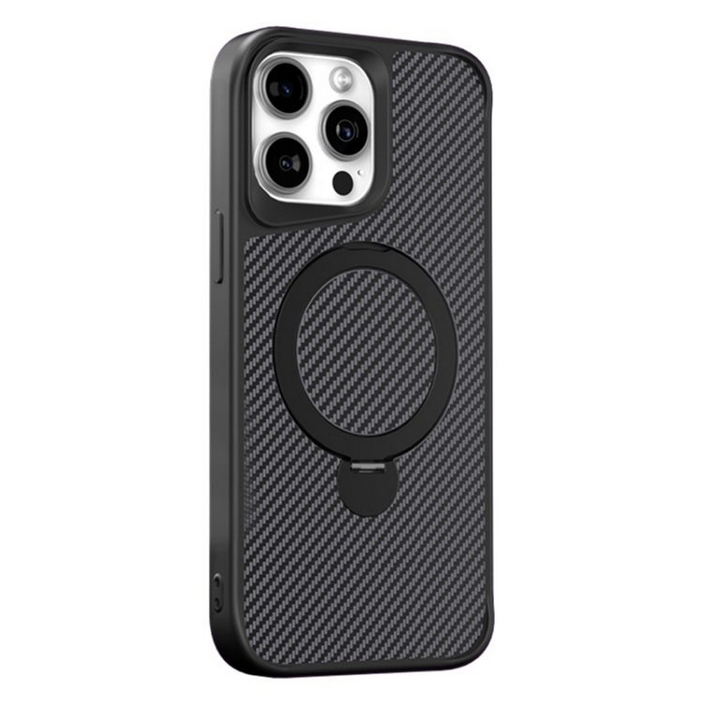 GPACK iPhone 14 Pro Uyumlu Karbon Fiber Alp M-Safe Şarj Özellikli Standlı Telefon Kılıfı Siyah