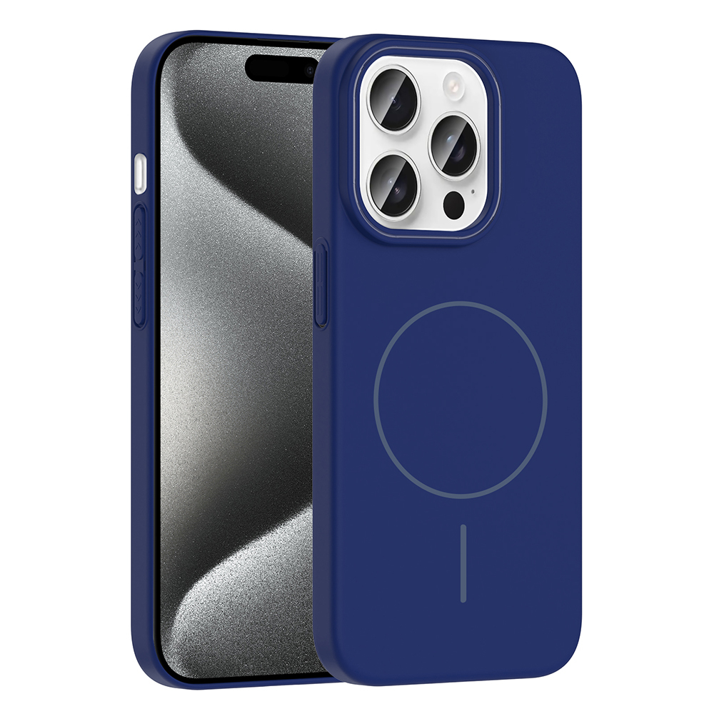 İçinde bir iPhone bulunan lacivert bir telefon kılıfı. Kılıfın arkasında bir daire ve bir çizgi var. Telefonda üç kamera merceği var.