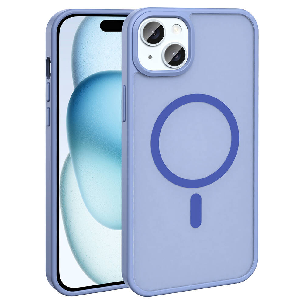 Eşleşen bir telefonla açık mor bir iPhone kılıfı. Kılıfın üzerinde mavi bir daire ve bir eksi işareti var. Ekran mavi tonlar gösteriyor.