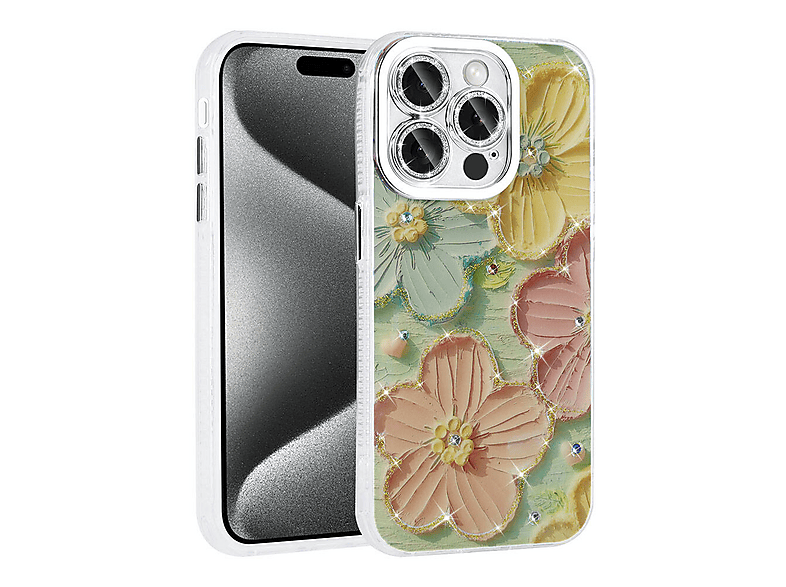 LOPARD iPhone 14 Pro Max Uyumlu Çiçek Desenli Parlak Taşlı Sert Silikon Garden Kapak Telefon Kılıfı Çok Renkli