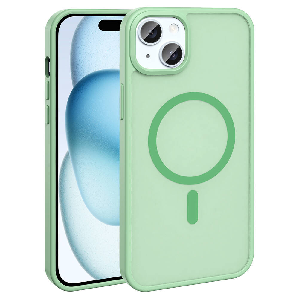 Yeşil bir kılıfı olan bir iPhone. Kılıfın arkasında dairesel bir tasarım var. Ekran mavi ve beyaz bir arka plan gösteriyor.
