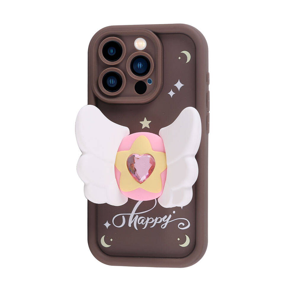 Pembe kalp şeklinde bir mücevher ve beyaz kanatlara sahip kahverengi bir telefon kılıfı. Üzerinde 'happy' yazısı var.