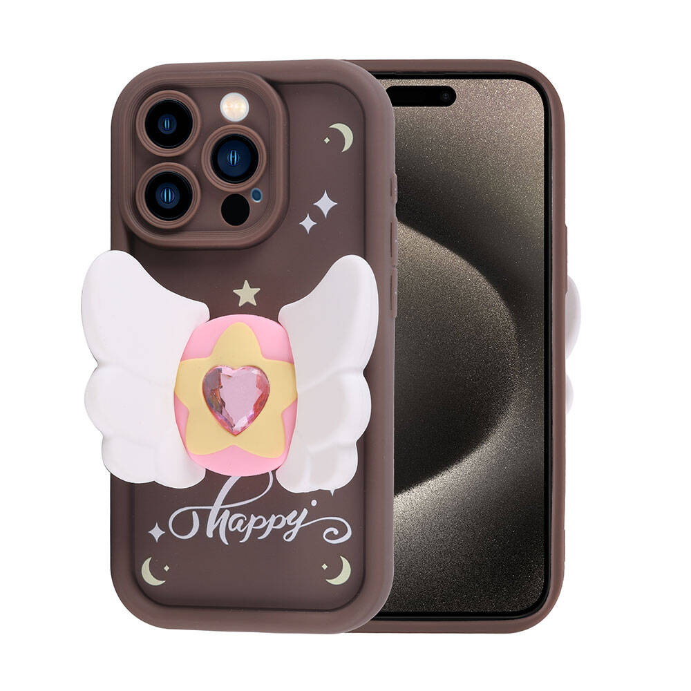 Beyaz kanatlı, pembe kalp şeklinde değerli taşlı ve "Happy" yazılı kahverengi telefon kılıfı. Sağda bir telefon görünüyor.