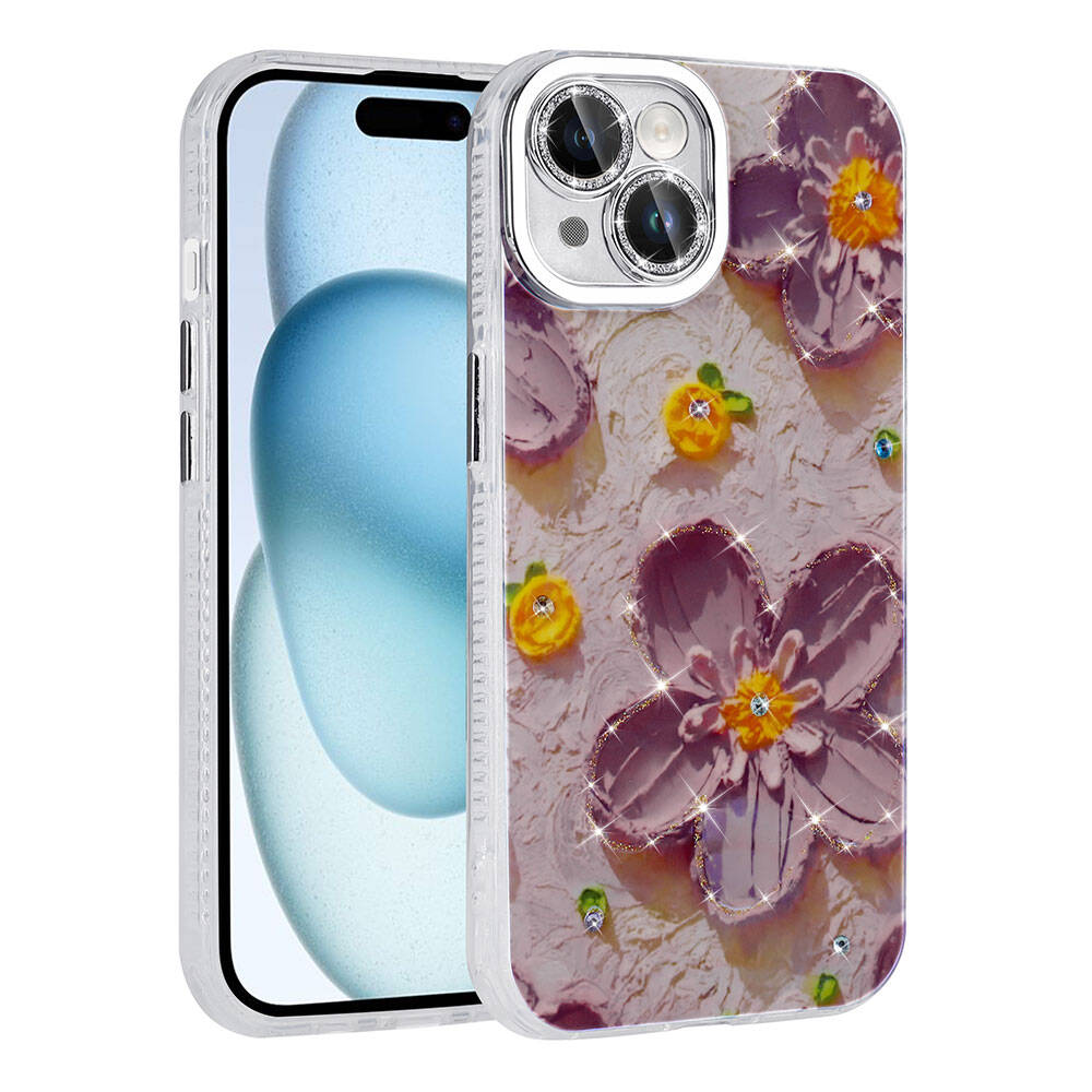 Dekoratif bir kılıf içinde bir iPhone. Kılıf pembe, mor çiçekler, sarı merkezler ve ışıltılı elmaslarla süslenmiştir.