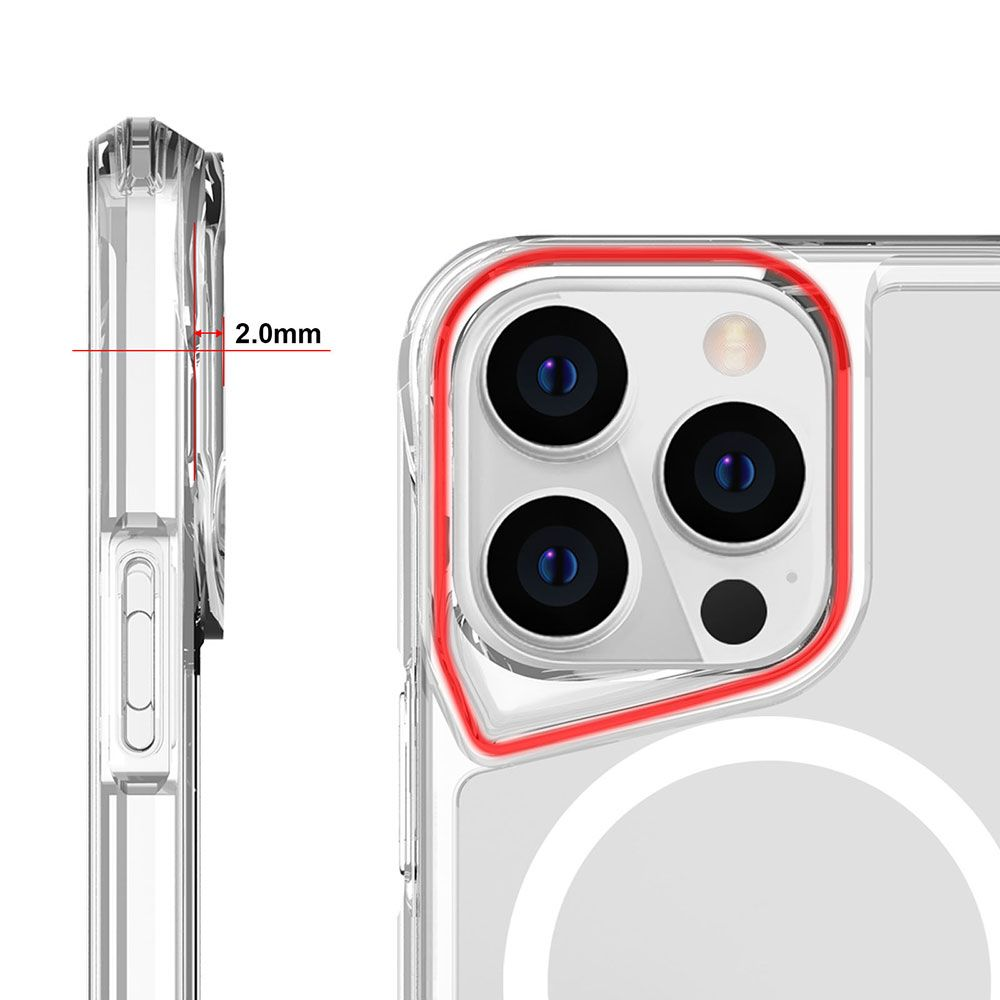Kamera etrafında kırmızı konturu olan şeffaf telefon kılıfı. 2,0 mm kalınlığı gösterir. Telefon kamerasında üç lens ve bir flaş vardır.