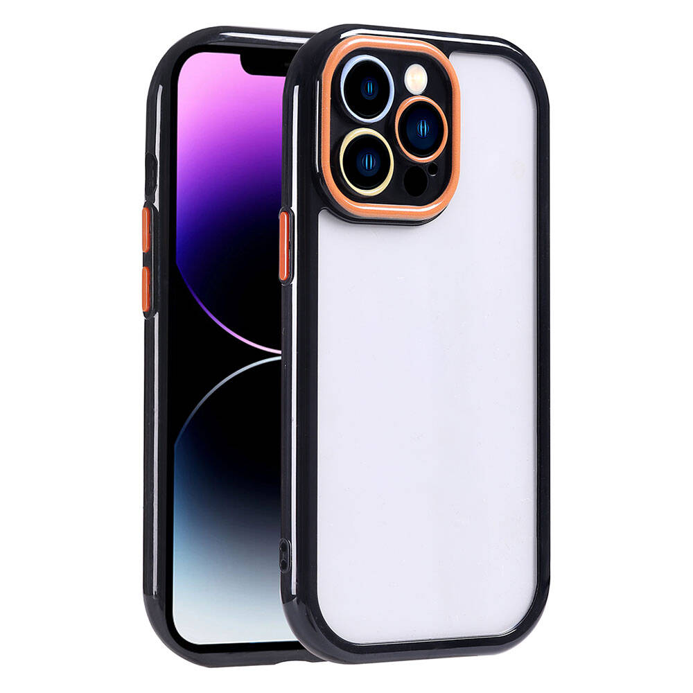 Koruyucu kılıf içinde bir iPhone. Kılıf siyah, turuncu detaylı. Ekran mor ve beyaz geçişi gösteriyor.