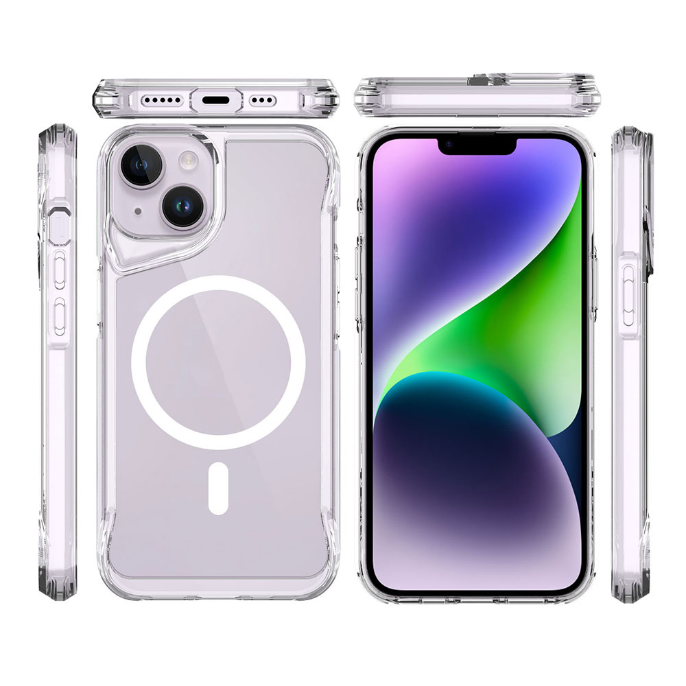 iPhone'lu şeffaf telefon kılıfı. Telefon mor ve yeşil bir ekran gösteriyor. Kılıfın arkasında beyaz bir daire ve çizgi var.