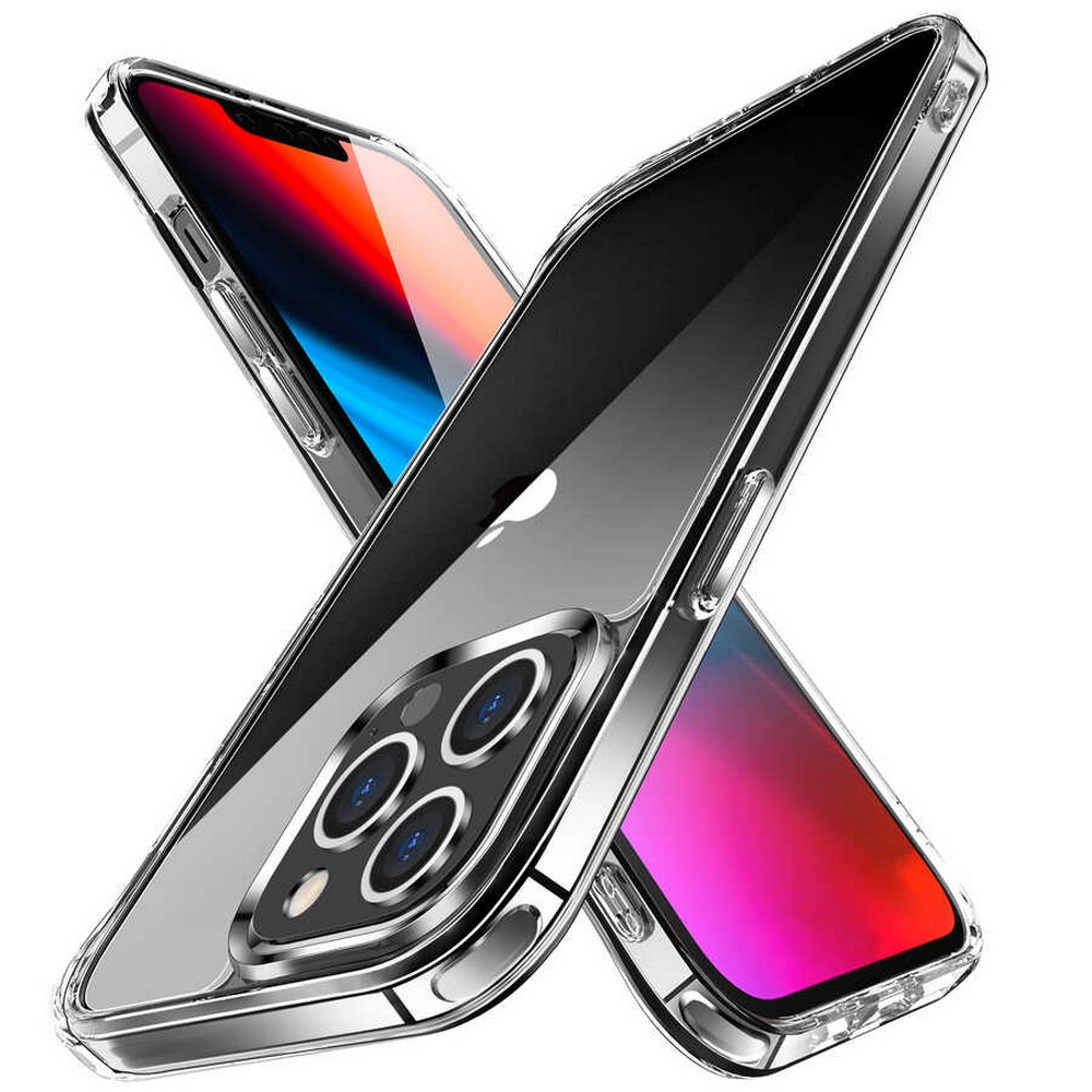 Şeffaf kılıflı iki akıllı telefon çaprazlanmış. Ekranlar kırmızı, mavi ve mor gradyanlar gösteriyor. Gümüş kamera halkaları görülebilir.