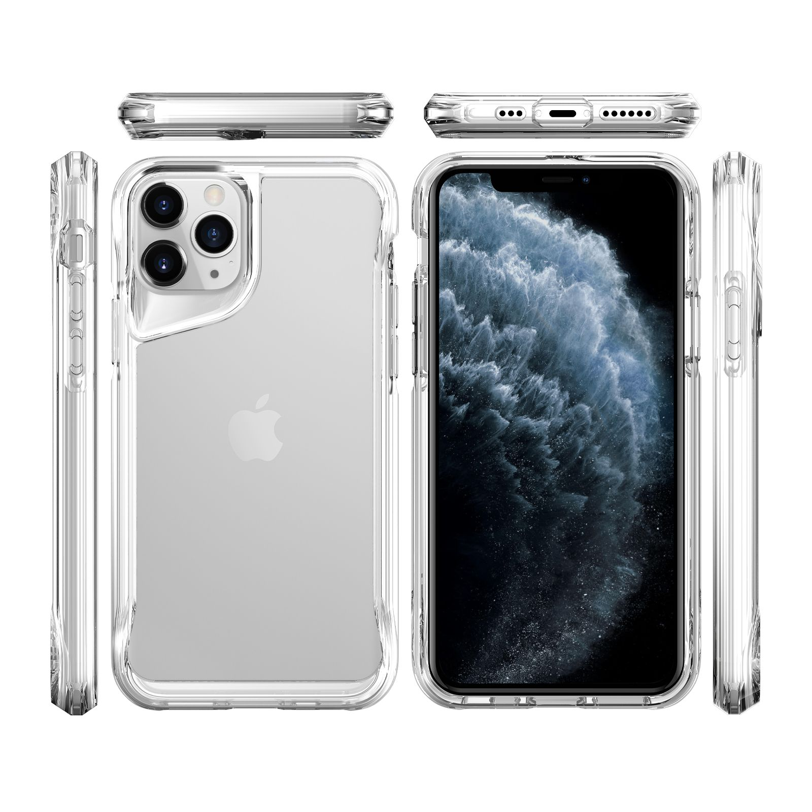 İçinde bir iPhone bulunan şeffaf telefon kılıfı. Telefon çoklu açılardan görüntüleniyor. Beyaz arka plan.