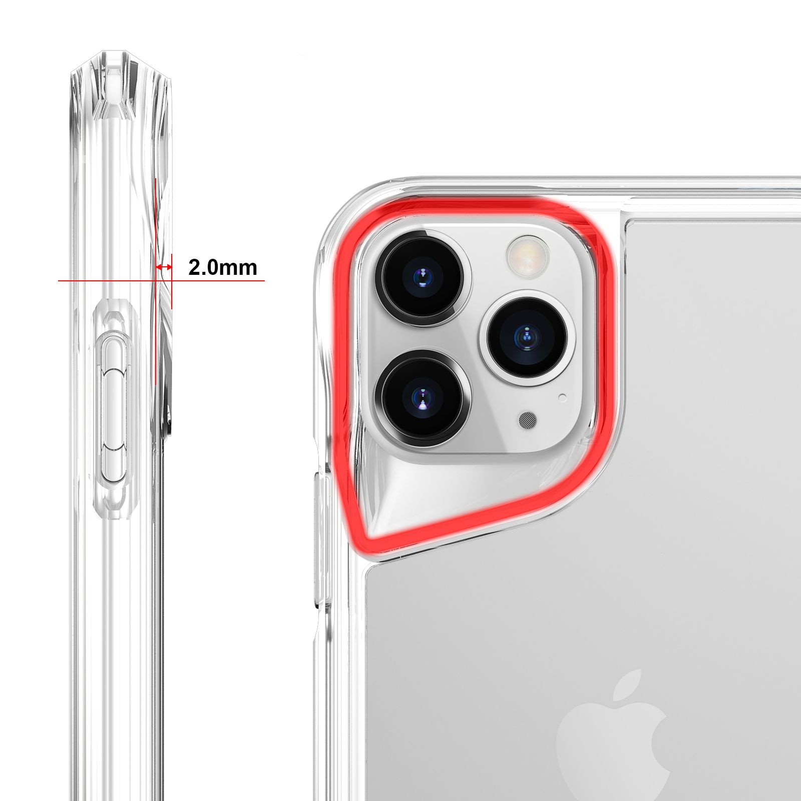 Kırmızı detaylı şeffaf telefon kılıfı. 2,0 mm ölçüm gösteriliyor. iPhone kamera lensleri görünür.