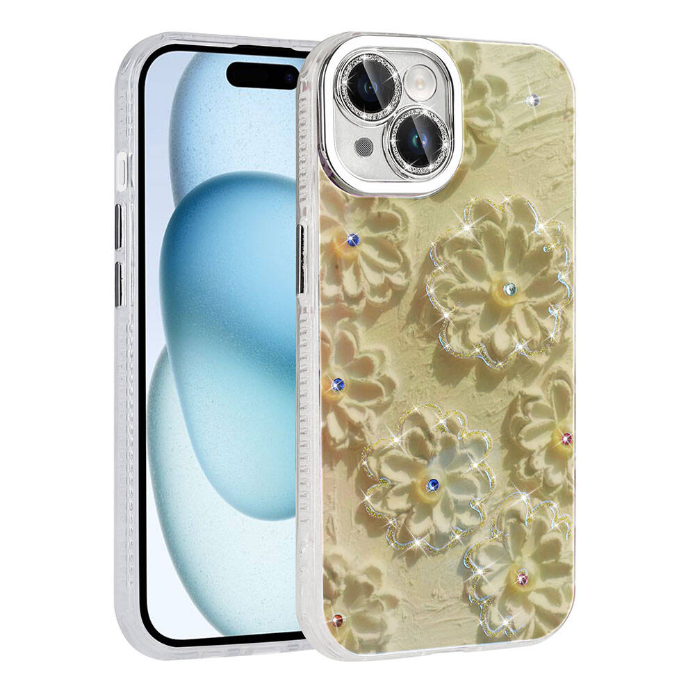 Çiçek desenli bir kılıfa sahip bir telefon. Kılıf çiçekler ve yapay elmaslarla süslenmiştir. Telefonun ekranı şeffaftır.