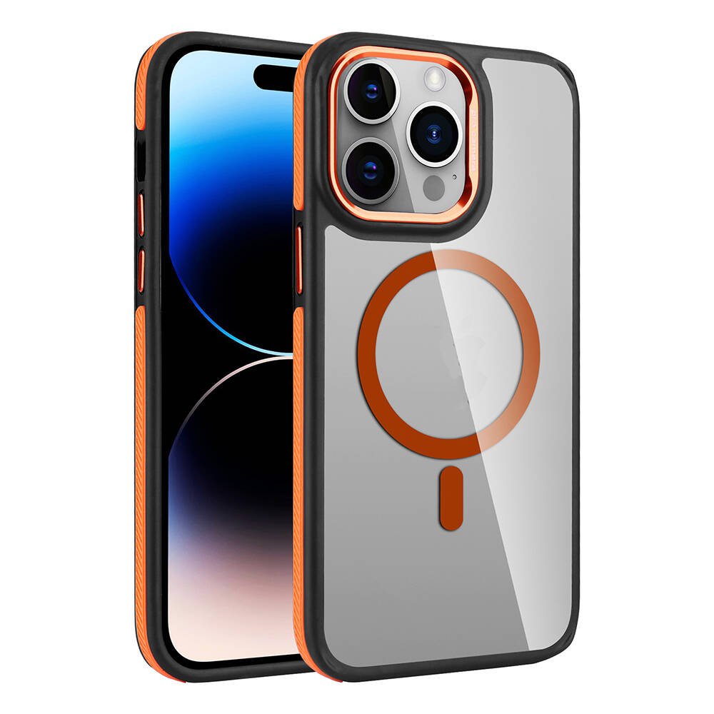 Turuncu çerçeveli ve detaylı şeffaf telefon kılıfı ve içinde bir telefon. Kılıfın arkasında dairesel bir tasarım var.