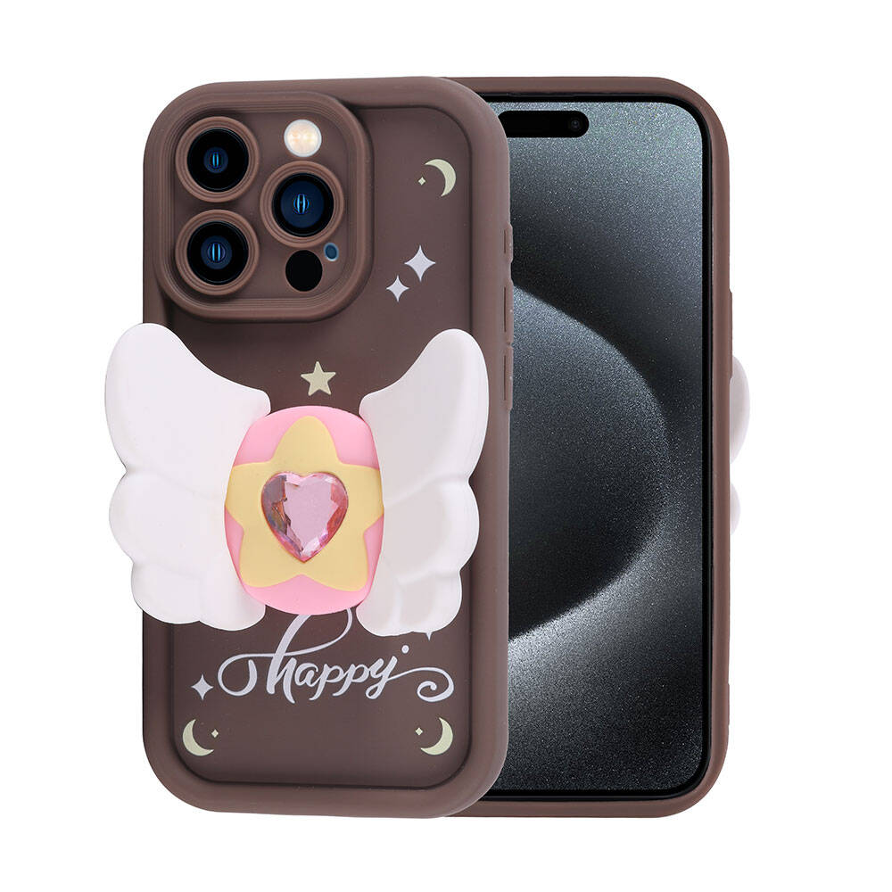 Beyaz kanatlı, pembe mücevherli ve kalpli kahverengi telefon kılıfı. Telefon ekranı siyah. Kılıfın üzerinde Happy yazıyor.