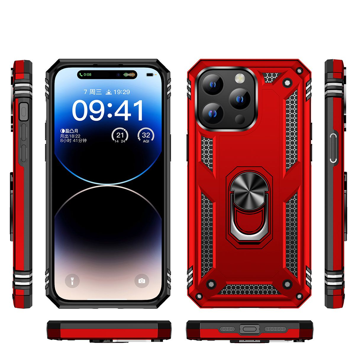 Kırmızı koruyucu kılıflı bir iPhone görüntüleniyor. Ekran, saati, tarihi ve diğer bilgileri gösterir. Kılıfın bir halka tutucusu vardır.