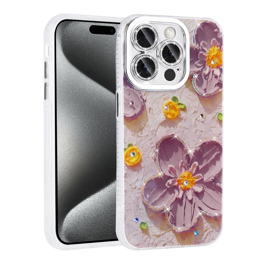 Pembe çiçek desenli ve ışıltılı süslemeli telefon kılıfı, yanında şeffaf kılıfta bir telefon.