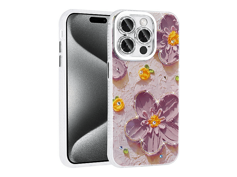 LOPARD iPhone 14 Pro Max Uyumlu Çiçek Desenli Parlak Taşlı Sert Silikon Garden Kapak Telefon Kılıfı Mor