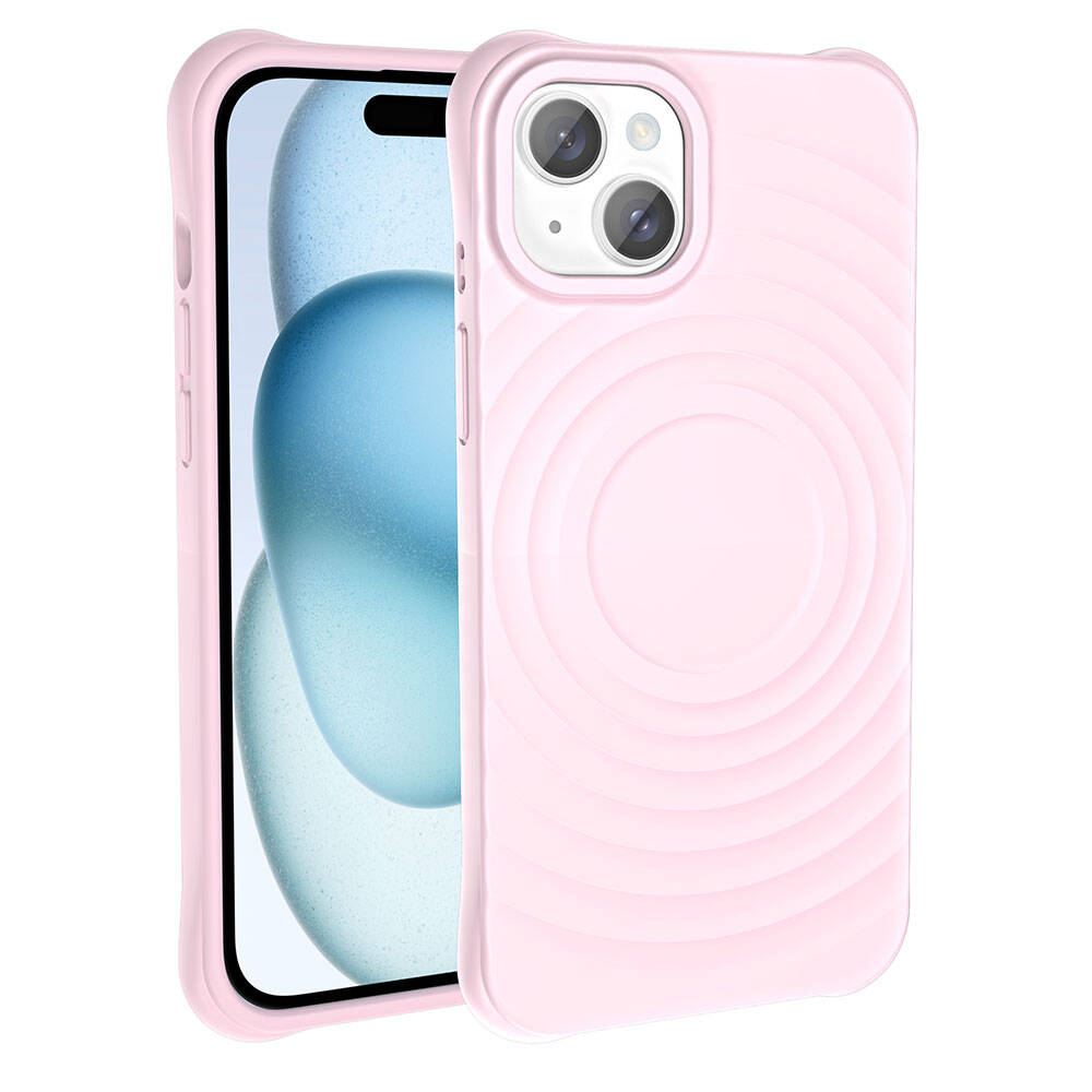 Mavi ve beyaz ekranlı bir telefonun yanında, oluklu tasarıma sahip pembe bir telefon kılıfı. Kılıfın kamera açıklıkları var.