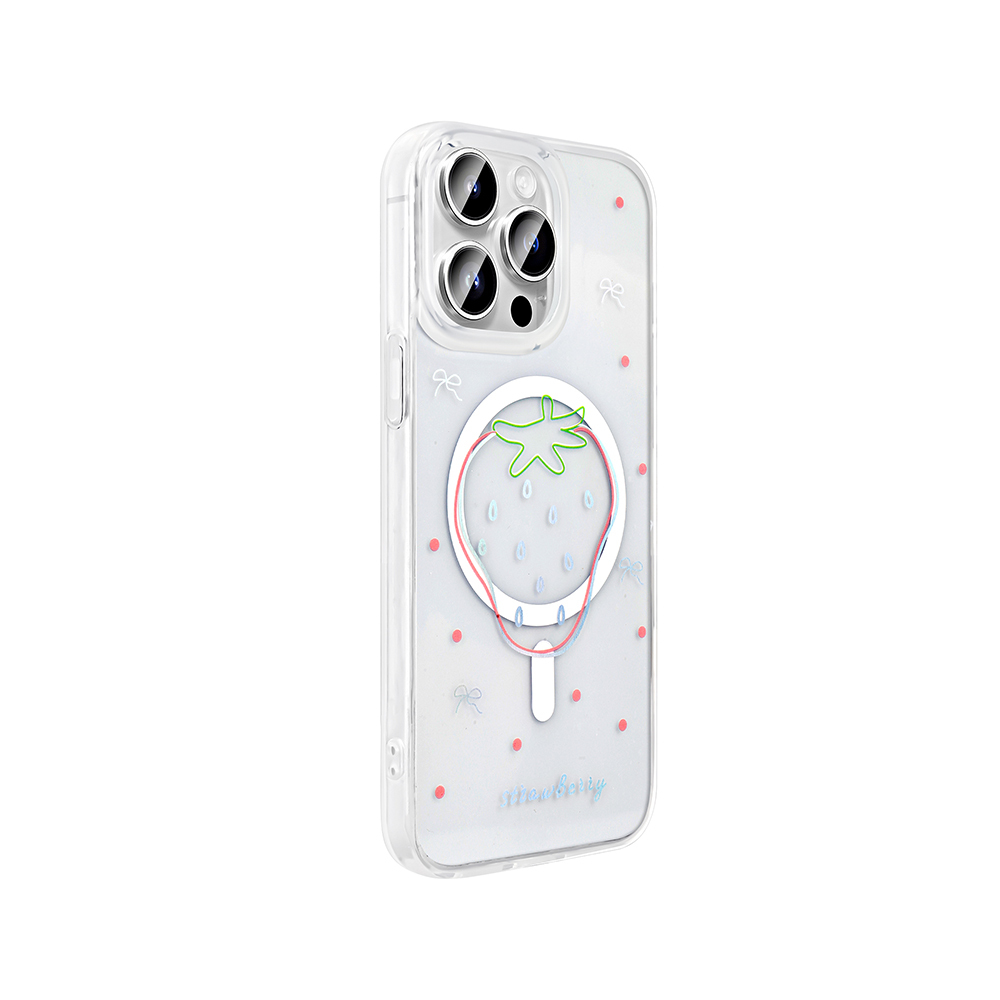 GPACK iPhone 14 Pro Uyumlu Folk M-Safe Şarj Özellikli Çilek Desenli Telefon Kılıfı Pembe