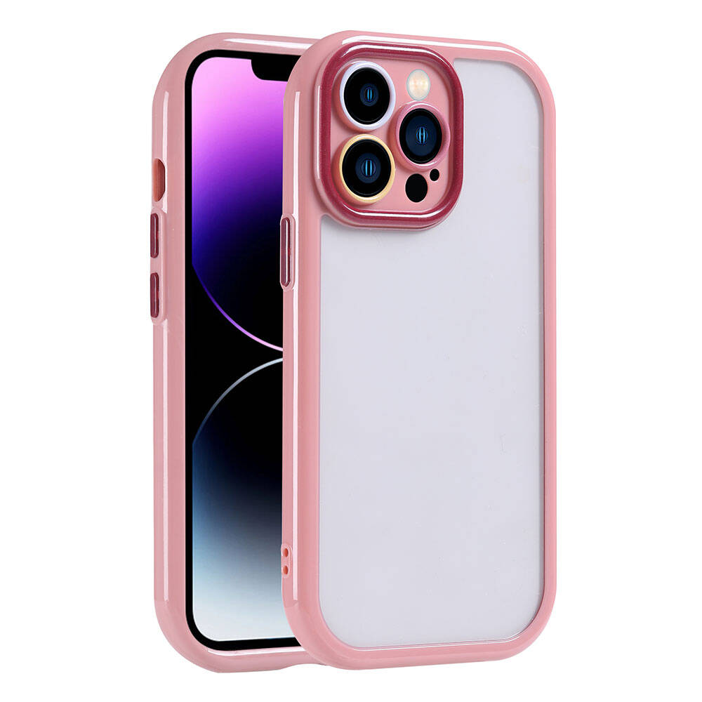 Şeffaf sırtlı ve içinde telefon bulunan pembe bir telefon kılıfı. Kılıfın ekran ve kamera çevresinde pembe bir çerçevesi vardır.