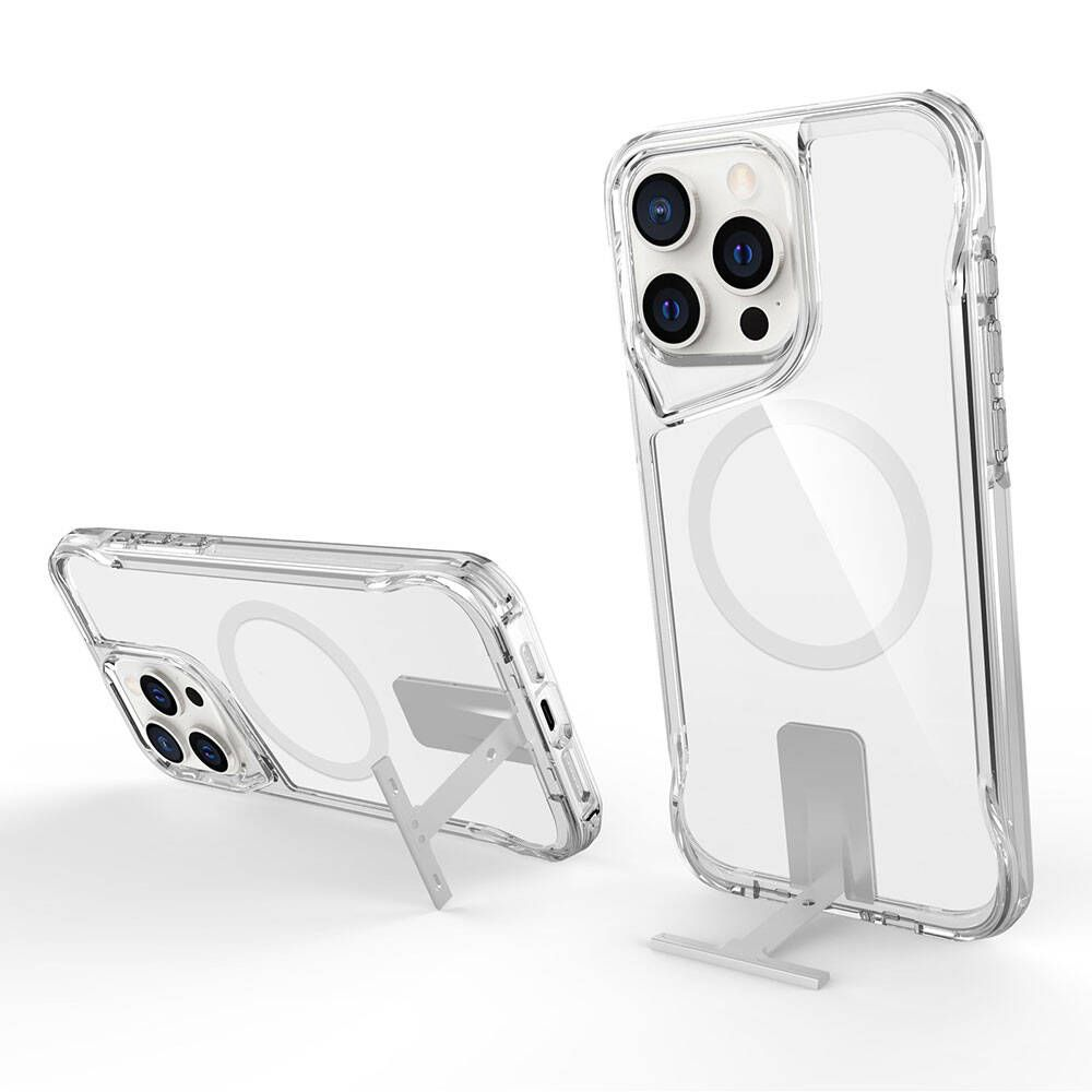 Beyaz standlı iki şeffaf telefon kılıfı, telefon kameralarını gösteriyor. Bir kılıf ayakta duruyor, diğeri eğik.