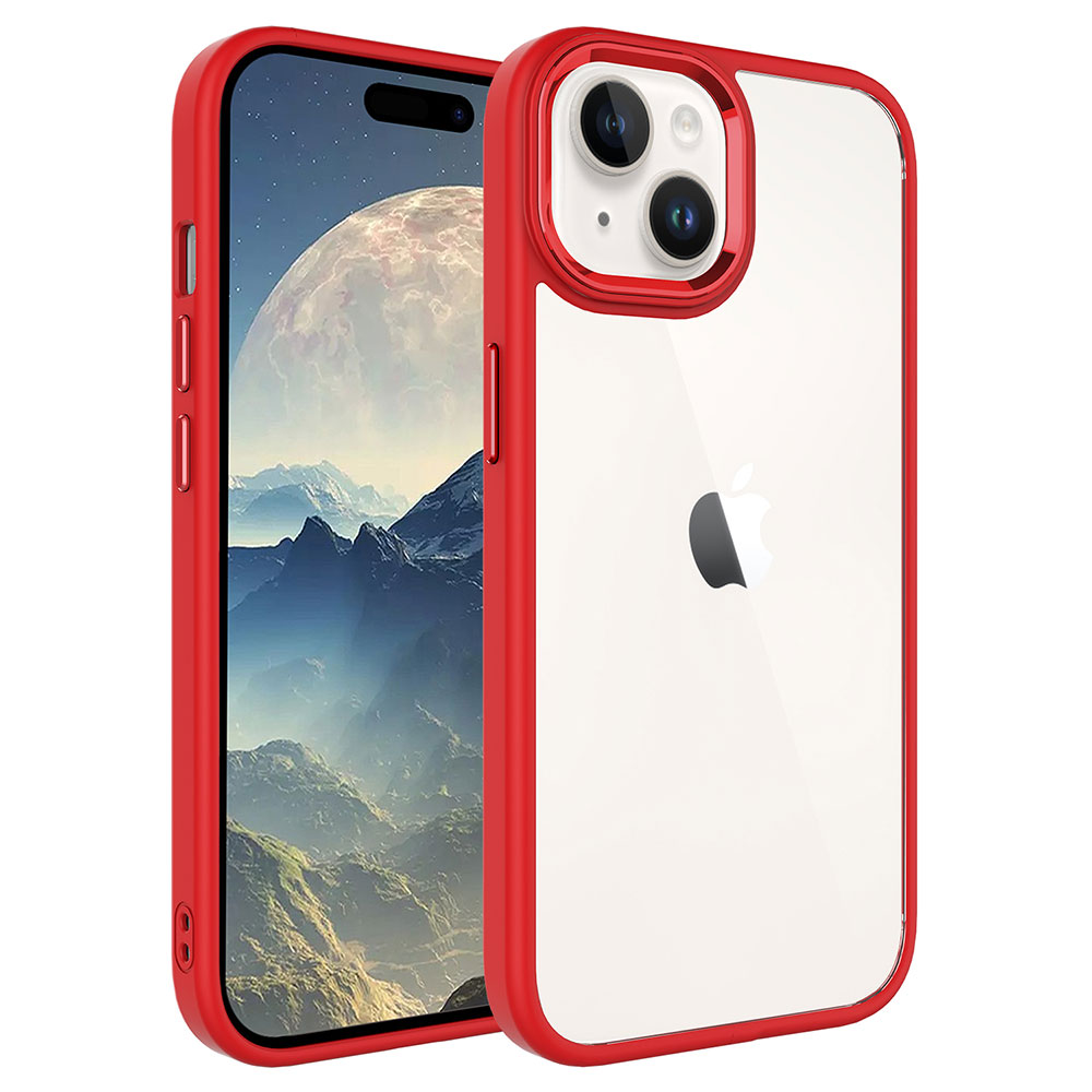 Kırmızı kılıflı iki telefon. Biri bir manzara gösteriyor, diğeri Apple logosuna sahip. Kılıflar arkası şeffaf.
