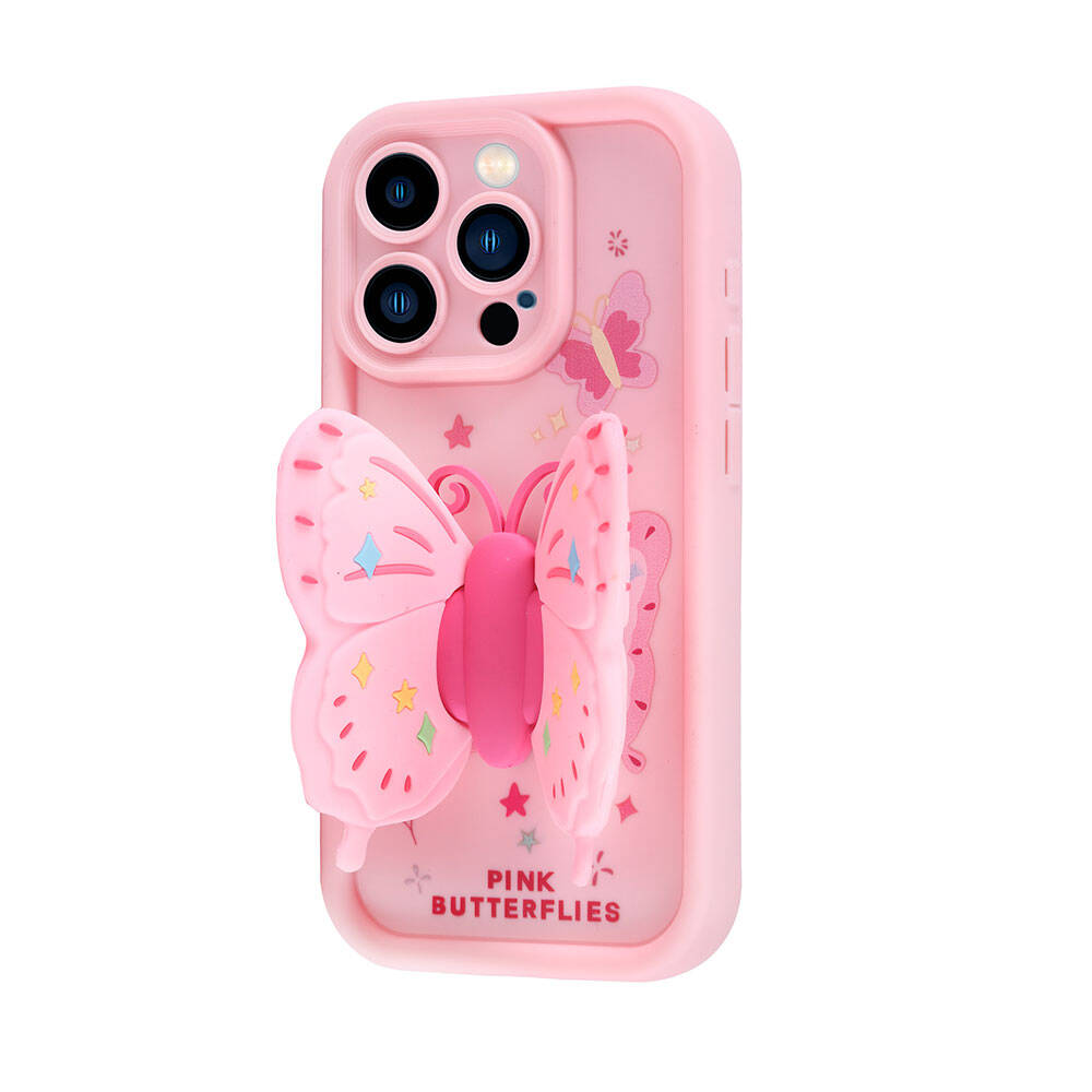3D kelebek takılı pembe bir telefon kılıfı. Kılıfın altında 'Pink Butterflies' yazısı var.
