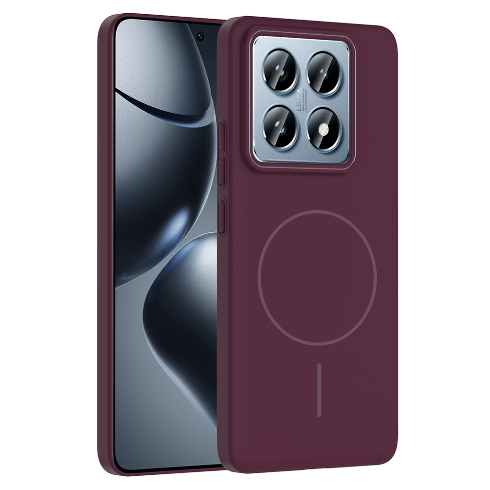 İçinde bir telefon bulunan bordo renkli bir telefon kılıfı. Kılıfın kamera kesimi ve dairesel bir tasarımı var. Telefon ekranı görünür durumda.