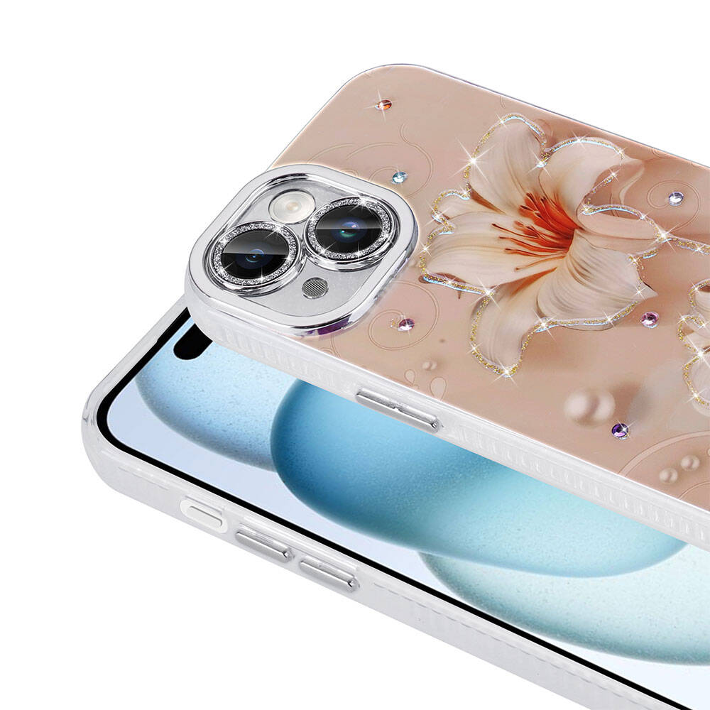 Çiçek desenli bir telefon kılıfı. Şeffaf plastik kenarı, çiçek baskısı ve süslemeleri vardır.