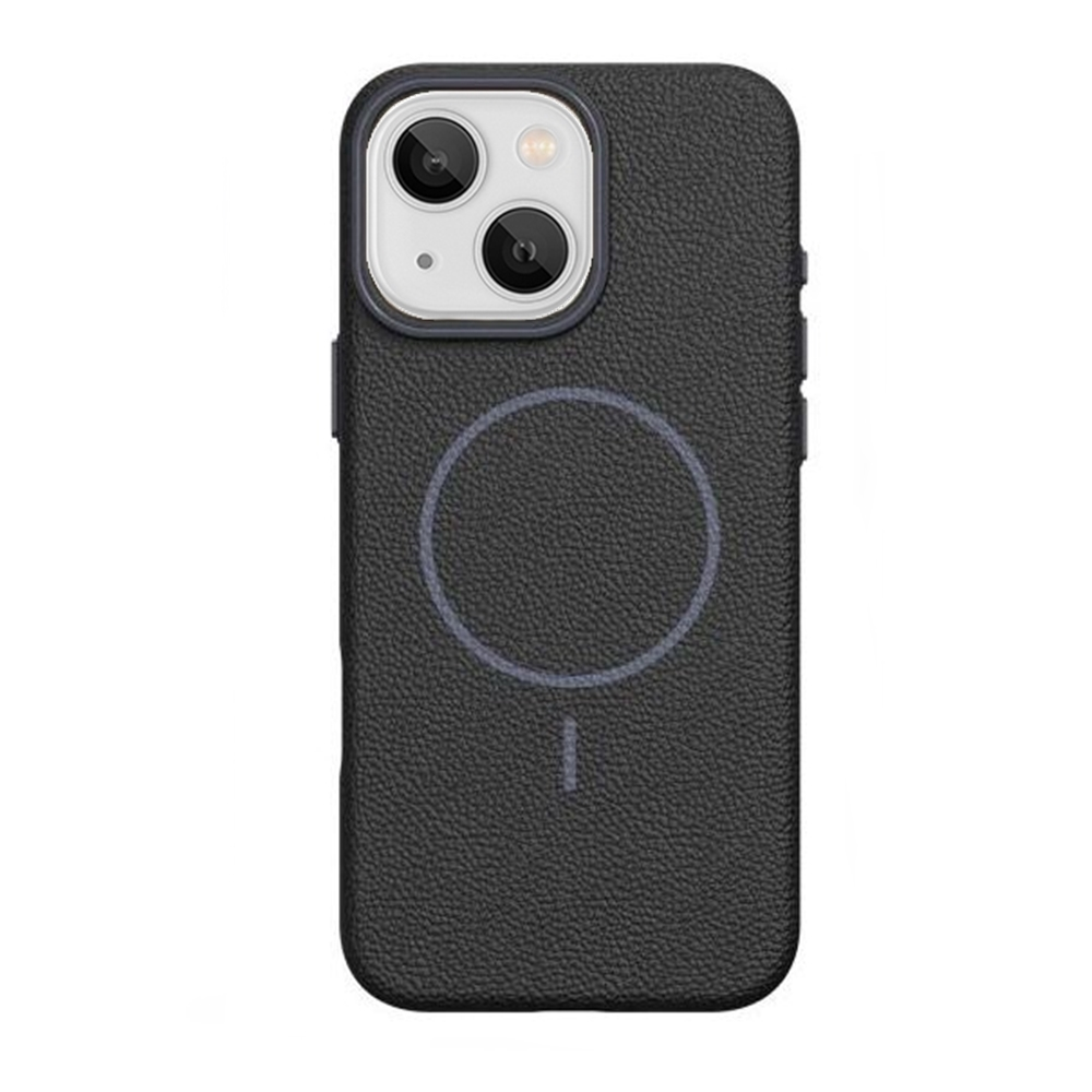 GPACK iPhone 14 Uyumlu Lichee M-Safe Şarj Özellikli Deri Desen Telefon Kılıfı Siyah